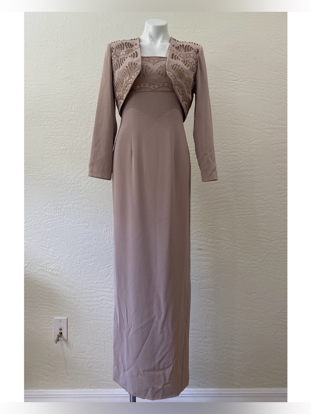 B'ZAR Elegant Taupe Long Dress with Embroidered Bolero sz 10 S/M